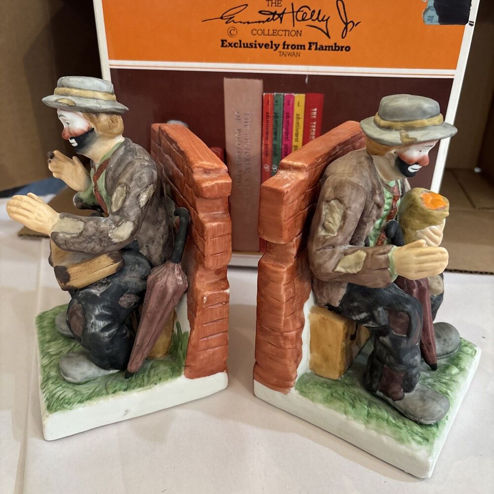 Vtg Emmett Kelly Jr Bookends Set By Flambro Porcelain Hobo Clown Brick Wall +Box